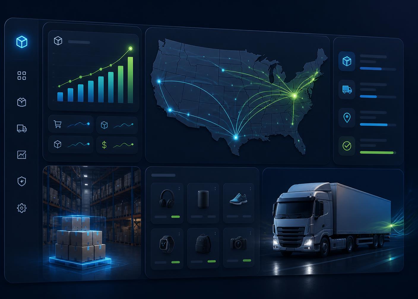 Shafin Store warehouse dashboard showing US shipping routes, live order analytics, and same-day fulfillment